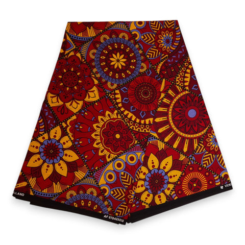 Tela africana estampada - Rojo y amarillo Mandala Patchwork - 100 % algodón