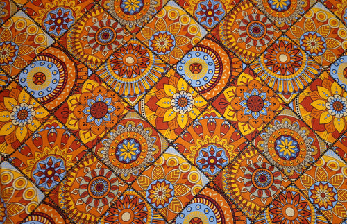 Tela africana estampada - Naranja y azul claro Mandala Patchwork - 100 % algodón
