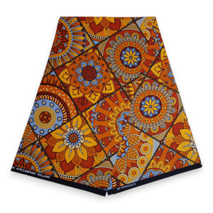 Tela africana estampada - Naranja y azul claro Mandala Patchwork - 100 % algodón