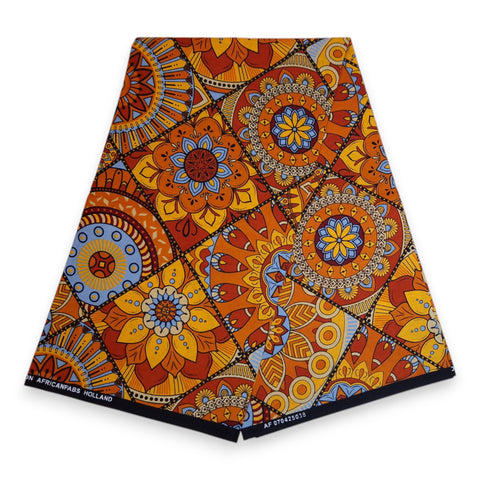 Tela africana estampada - Naranja y azul claro Mandala Patchwork - 100 % algodón