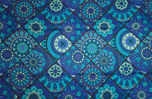 Tela africana estampada - Azul y turquesa Mandala Patchwork - 100 % algodón