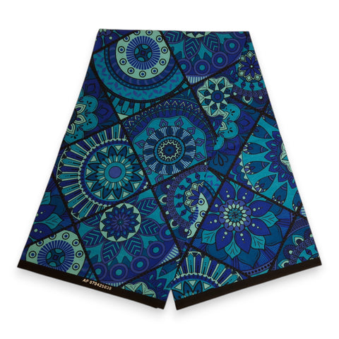 Tela africana estampada - Azul y turquesa Mandala Patchwork - 100 % algodón