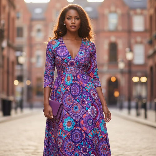 Tela africana estampada - Morado y azul claro Mandala Patchwork - 100 % algodón