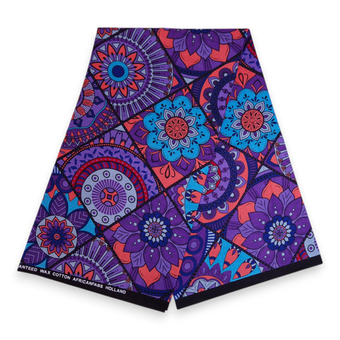 Tela africana estampada - Morado y azul claro Mandala Patchwork - 100 % algodón