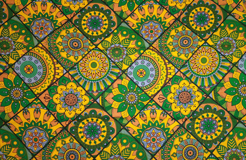 Tela africana estampada - Verde y amarillo Mandala Patchwork - 100 % algodón