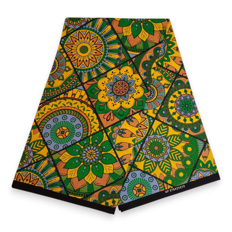 Tela africana estampada - Verde y amarillo Mandala Patchwork - 100 % algodón