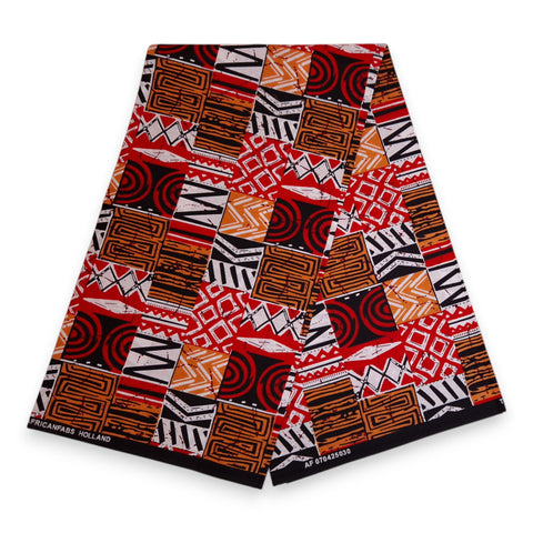 Tela estampada africana - Rojo Bogolan Mosaic - 100 % algodón