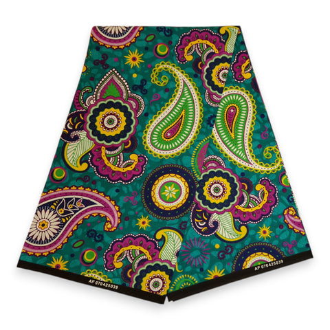 Tela estampada africana - Turquesa Morado Paisley - 100 % algodón