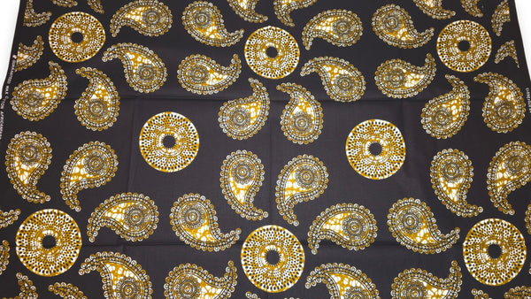 Tela africana wax estampada - Negro Verde oliva Paisley Sun - 100% algodón