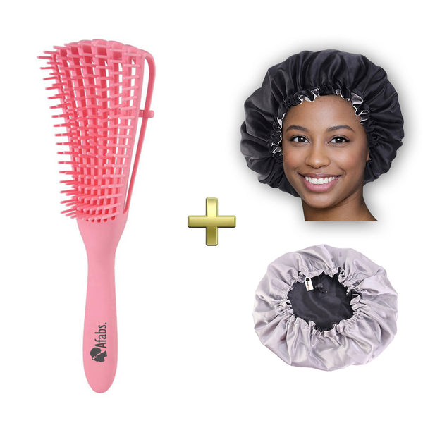 Cepillo Desenredante Rosa + Capuchón Negro Satinado | Peine para rizos | cepillo de pelo afro