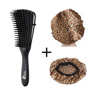 Cepillo desenredante negro + Gorro satinado con estampado de leopardo | Peine para rizos | cepillo de pelo afro