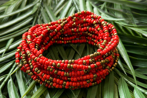 Perlas de Cintura / Cadena de Cintura Africana - EBO - Rojo / Dorado (elástico)