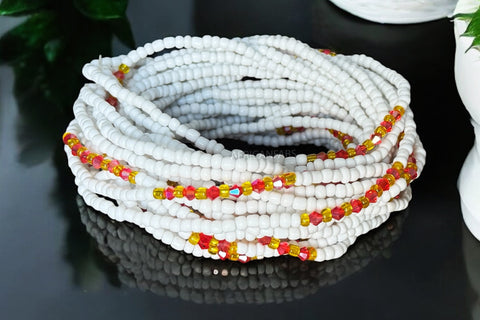 Perlas de cintura / Cadena de cintura africana - ADU - Blanco / rojo (elástico)