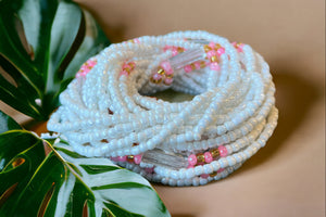 Perlas de cintura 3 en 1 / Cadena de cadera africana - ABEBI - Rosa / blanco (elástico)
