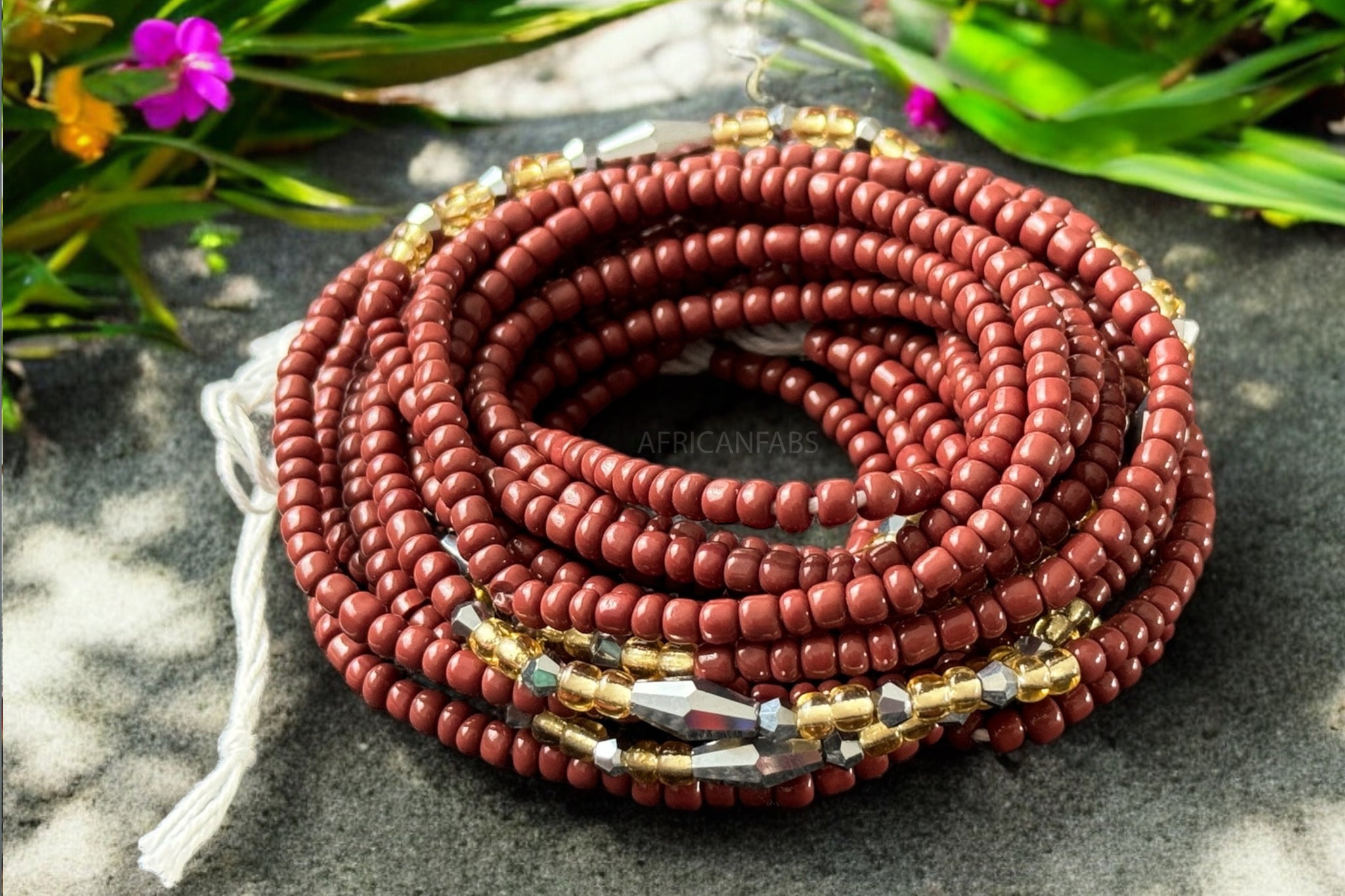 Perlas de cintura / Cadena de cadera africana - Abinéné - Marrón / dorado (Cordón tradicional no elástico)