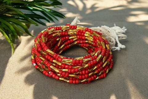 (Wichtig: bitte lesen) Perlas de cintura / Cadena de cadera africana - Rojo / Dorado (Cordón tradicional no elástico) 