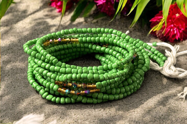 (Wichtig: bitte lesen) Perlas de cintura / Cadena de cadera africana - Verde / Dorado (Cordón tradicional no elástico) 