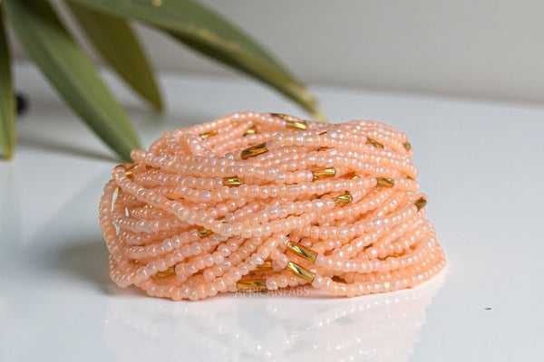 Perlas de cintura / Cadena de cadera africana - Ogbe - Melocotón / dorado (Cordón tradicional no elástico)