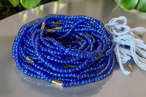 (Importante: por favor lea) Perlas de cintura / Cadena de cadera africana - Azul (Cordón tradicional no elástico) 