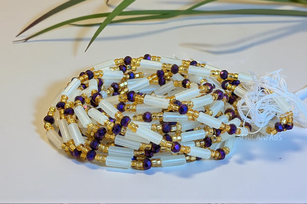 Perlas de cintura / Cadena de cadera africana - Bobo - Blanco / morado (Cordón tradicional no elástico)