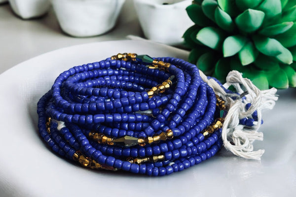 (Importante: por favor lea) Perlas de cintura / Cadena de cadera africana - Azul (Cordón tradicional no elástico) 