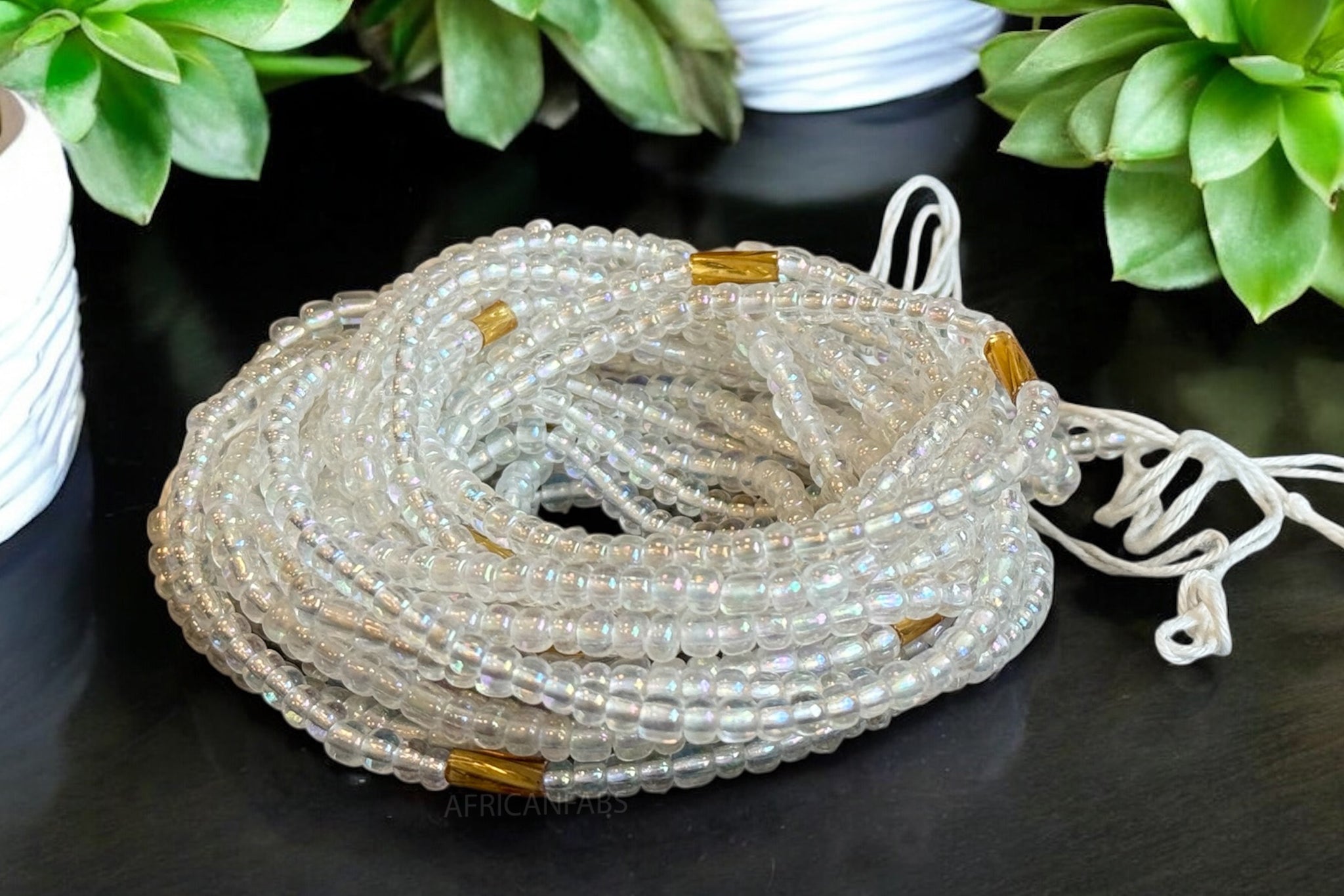 Perlas de cintura / Cadena de cadera africana - Alero - Blanco / dorado (Cordón tradicional no elástico)