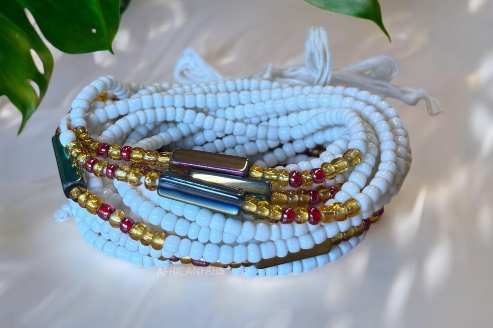 (Importante: por favor lea) Perlas de cintura / Cadena de cadera africana - Blanco (Cordón tradicional no elástico) 