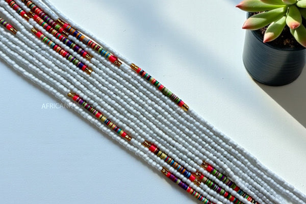 Perlas de cintura / Cadena de cadera africana - Osi - Blanco / dorado (Cordón tradicional no elástico)