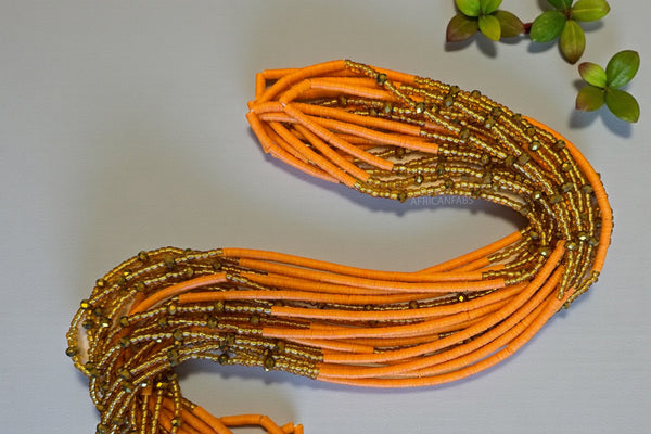 Perlas de cintura / Cadena de cadera africana - Juma - Naranja / dorado (Cordón tradicional no elástico)