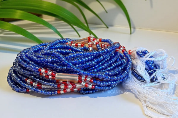 Perlas de cintura / Cadena de cadera africana - Okpa - Azul (Cordón tradicional no elástico)