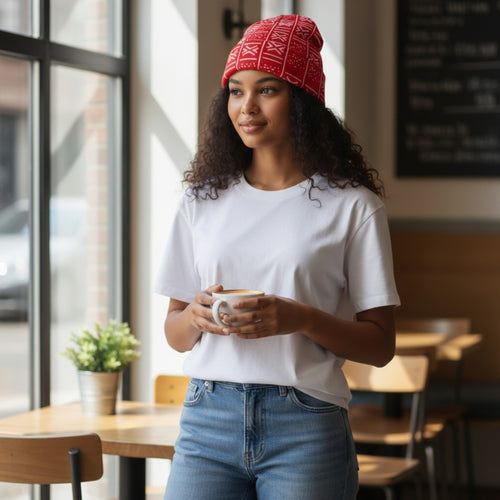 Gorro Africano con Estampado - Rojo Blanco Bogolan