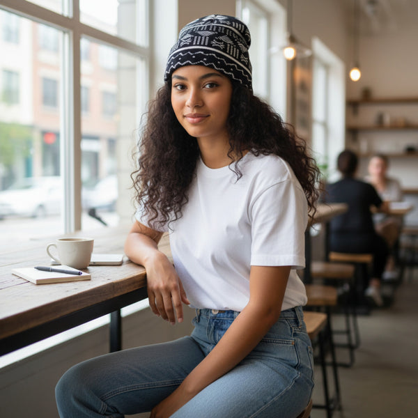 Gorro Africano con Estampado - Negro Blanco Bogolan