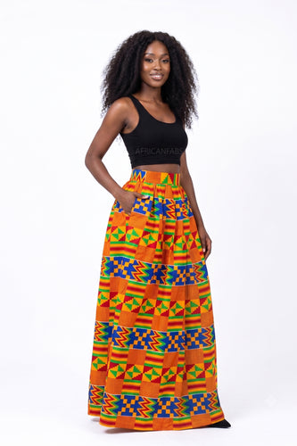 Falda larga africana estampada - Abertura ajustable - Azul Naranja Kente