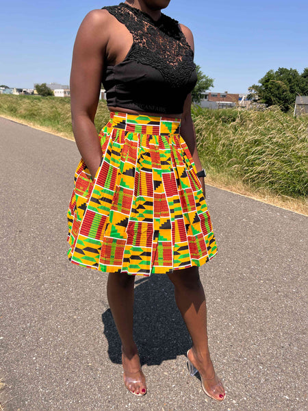 Minifalda estampado africano - Naranja Kente / verde