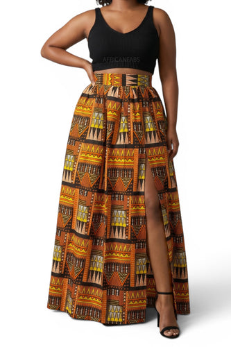 Falda larga africana estampada - Abertura ajustable - Naranja Marrón Tribal Blocks