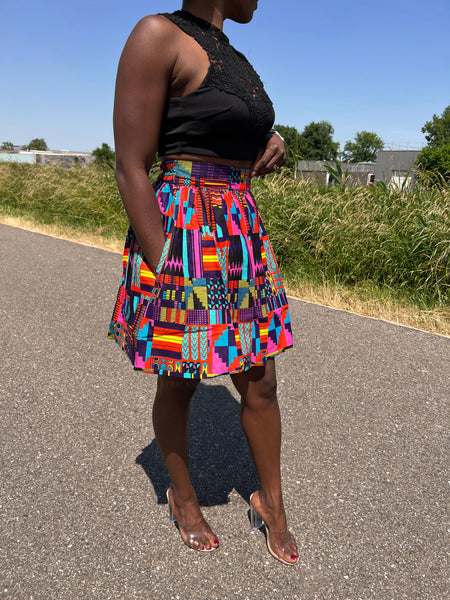 Minifalda estampado africano - Multicolor kente pink