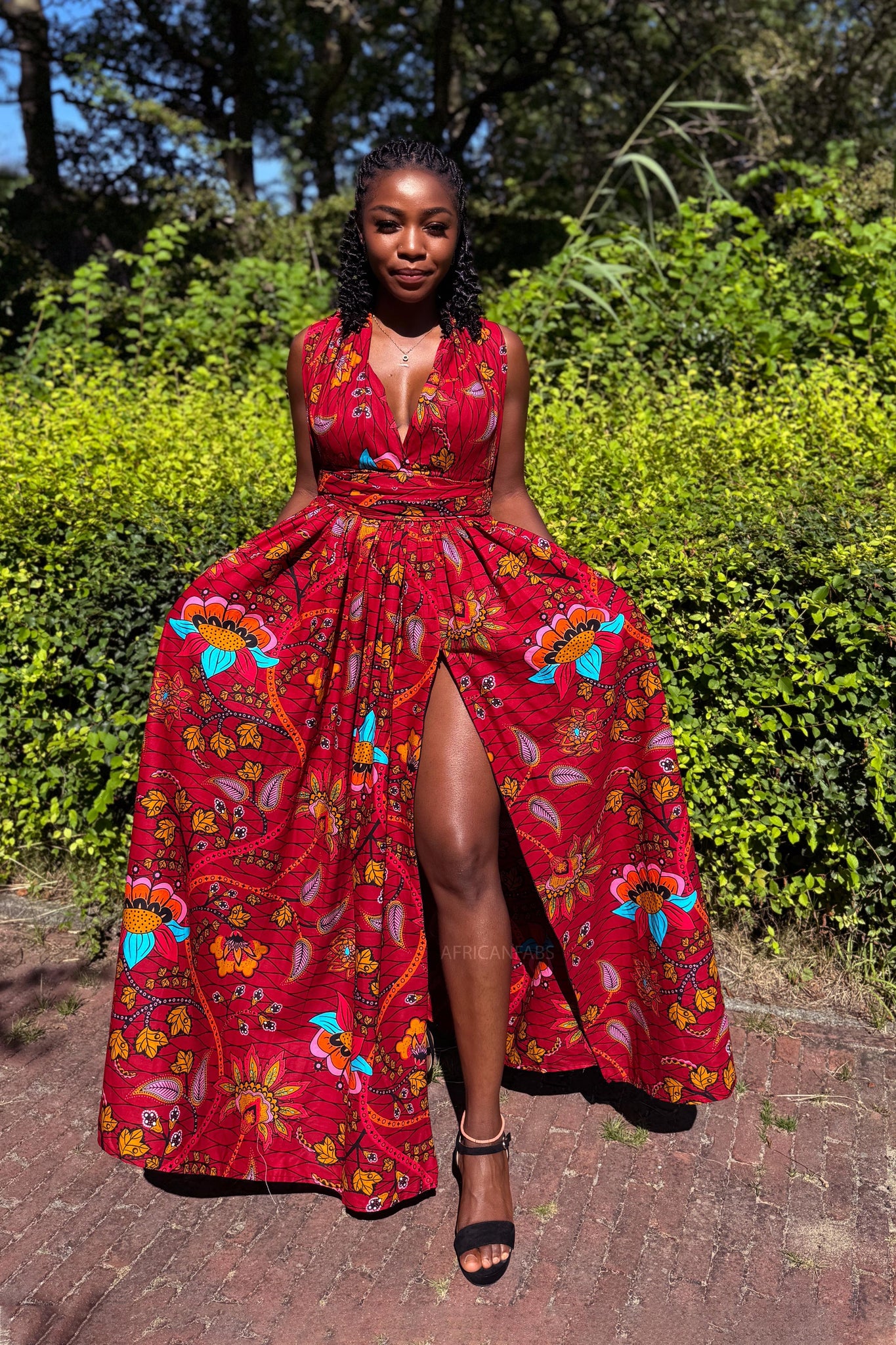 Vestido maxi multiposición infinito - Rojo oscuro & Amarillo Botanical Flow