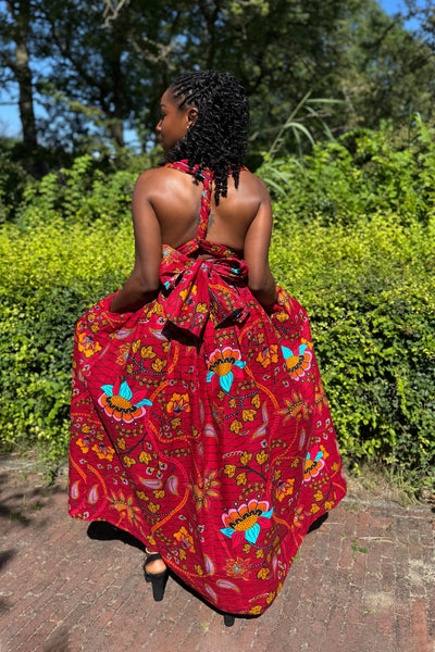 Vestido maxi multiposición infinito - Rojo oscuro & Amarillo Botanical Flow