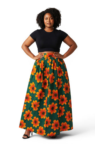 Falda larga africana estampada - Abertura ajustable - Verde Naranja Sunflower
