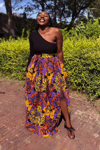Falda maxi estampado africano - Amarillo & Morado Flowers