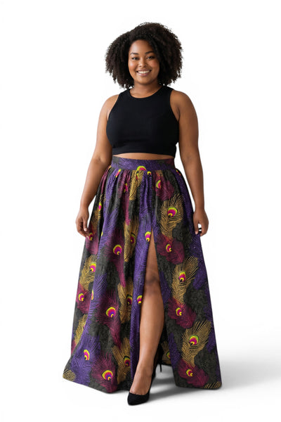 African print maxi skirt - Adjustable slit - Purple Yellow Peacock Feathers