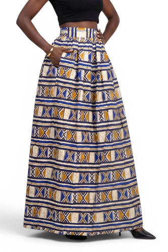 Falda larga africana estampada - Abertura ajustable - Azul Mostaza Bogolan Heritage