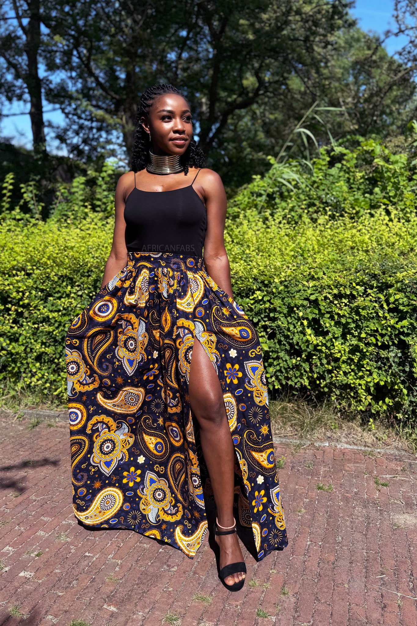 Falda maxi estampado africano - Azul marino Amarillo Paisley