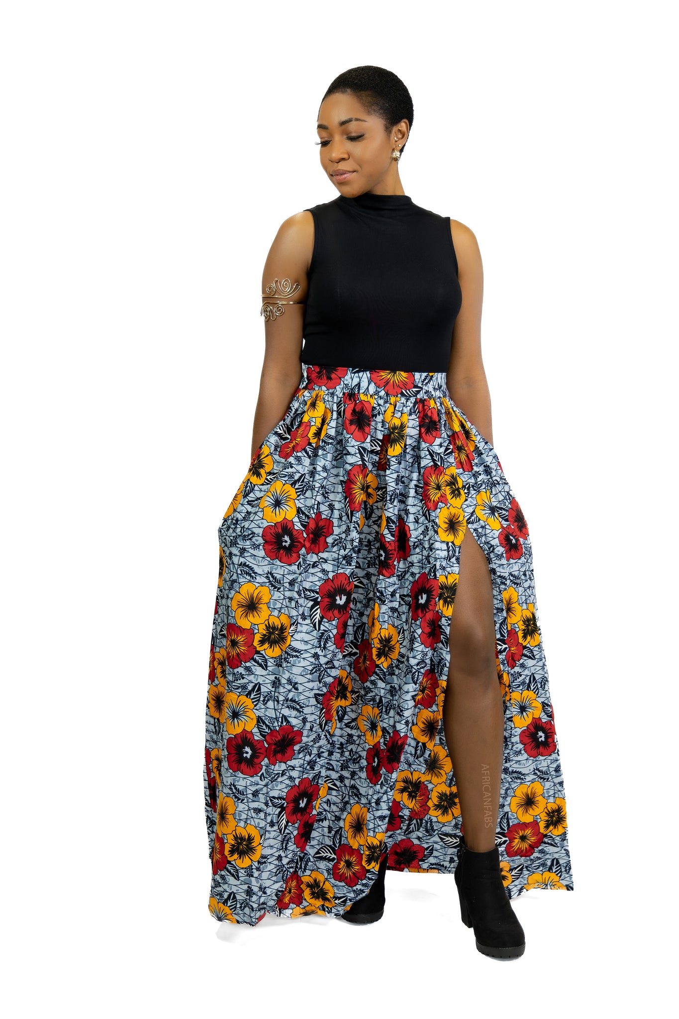 Falda maxi estampado africano - Gris claro Flowers