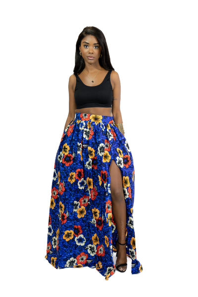 Falda maxi estampado africano - Azul Flowers