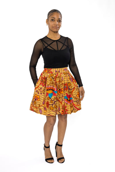 African print mini skirt - Beige Orange Botanical Flow