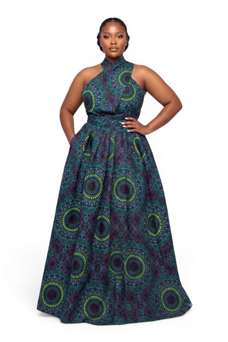 Vestido largo africano Infinity Multiway - Abertura ajustable - Azul Verde Safari Mosaic