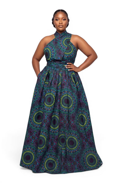 Vestido largo africano Infinity Multiway - Abertura ajustable - Azul Verde Safari Mosaic
