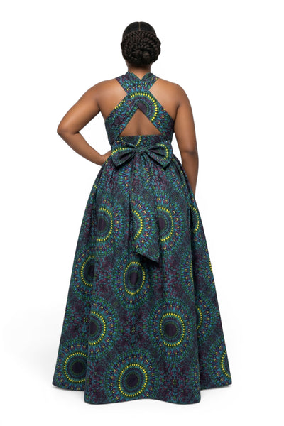 Vestido largo africano Infinity Multiway - Abertura ajustable - Azul Verde Safari Mosaic