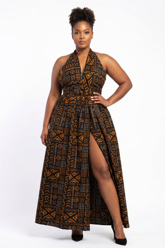 Vestido largo africano Infinity Multiway - Abertura ajustable - Negro Naranja Bogolan Spirit